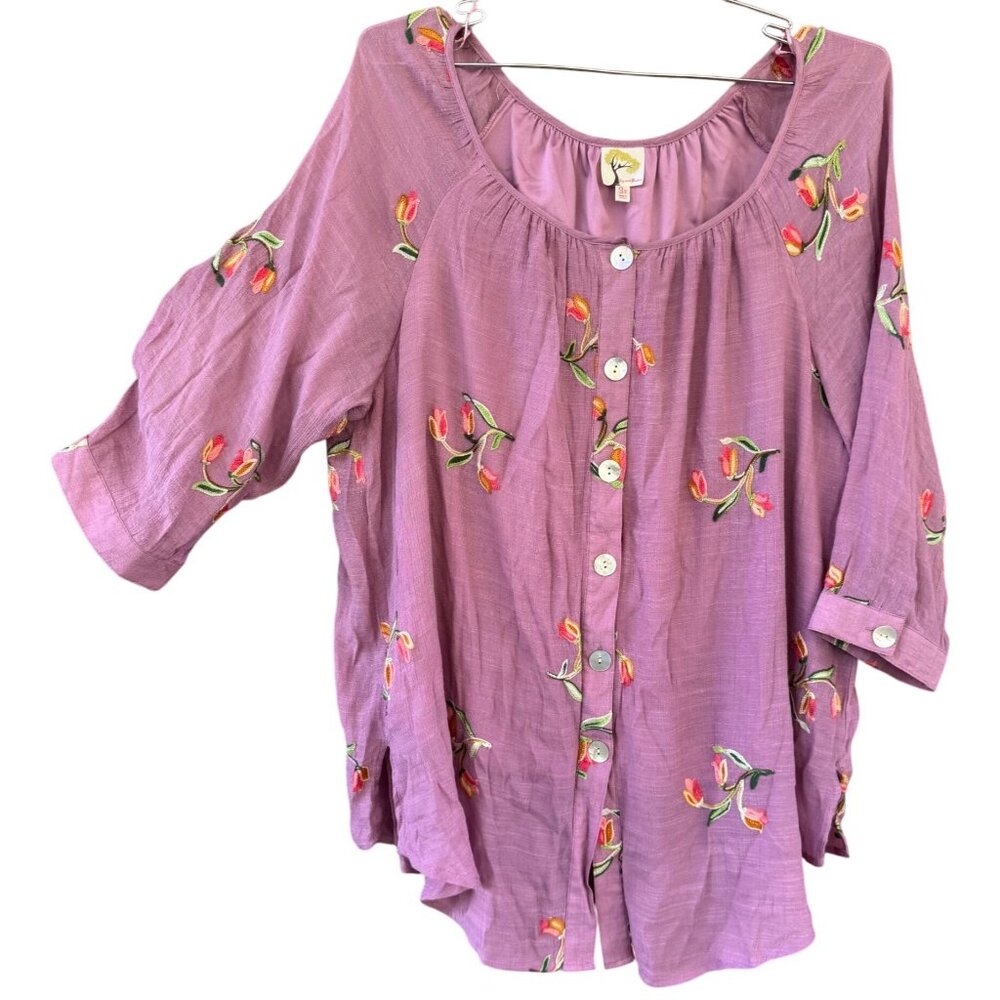 Fig & Flower Anthropologie Top Plus Size 3XL Dusty Plum Floral Embroidered Tunic